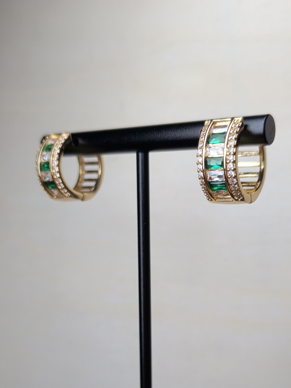 Gold Hoop Earrings with Emerald and Crystal Accents